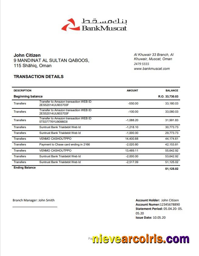 Oman Bank Muscat proof of address bank statement